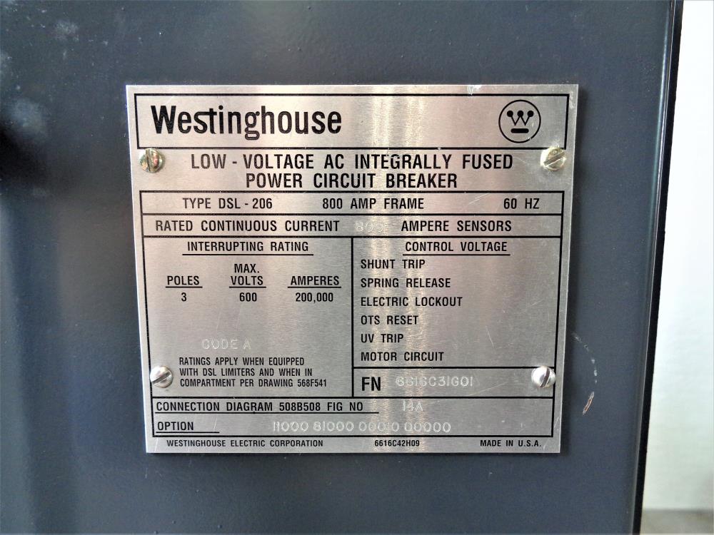 Westinghouse DLS-206 Low-Voltage AC Integrally Fused Power Circuit Breaker 800A